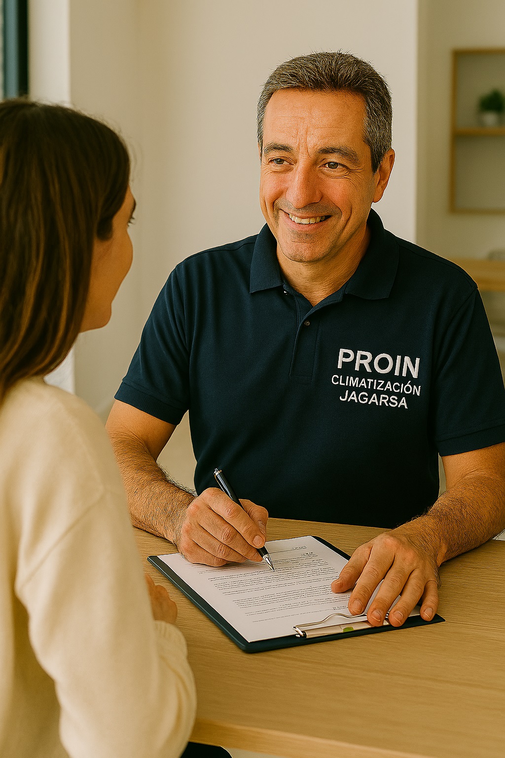 Orientación al cliente, persona con gesto amable atendiendo al cliente