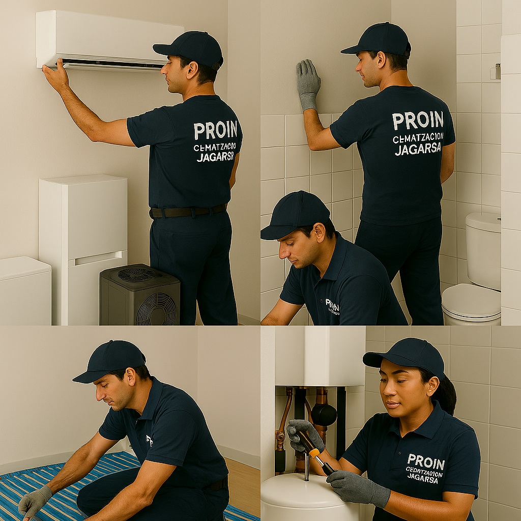 Grupo de trabajadores realizando diferentes servicios