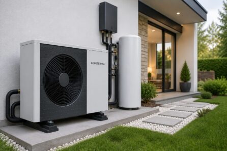 Sistema de aerotermia instalado en una vivienda moderna para climatización eficiente y producción de agua caliente sanitaria.