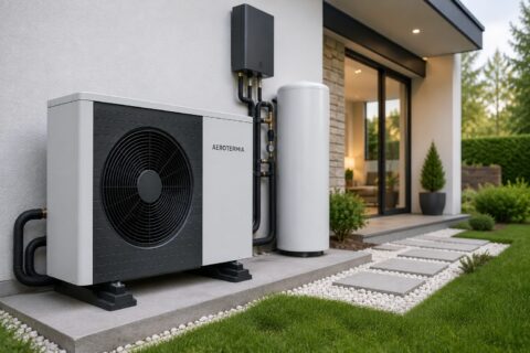 Sistema de aerotermia instalado en una vivienda moderna para climatización eficiente y producción de agua caliente sanitaria.