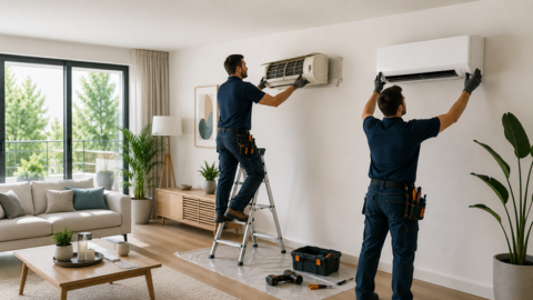 Técnico sustituyendo un antiguo equipo de aire acondicionado por un sistema moderno y eficiente en una vivienda.