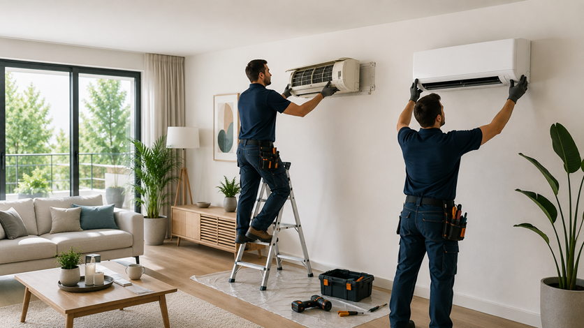 Técnico sustituyendo un antiguo equipo de aire acondicionado por un sistema moderno y eficiente en una vivienda.