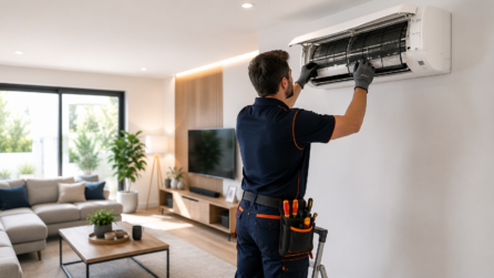 Técnico realizando el mantenimiento preventivo de un aire acondicionado tipo split en una vivienda moderna.