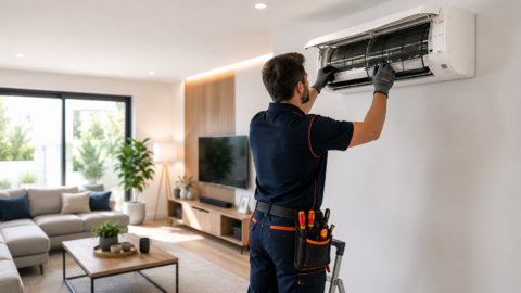 Técnico realizando el mantenimiento preventivo de un aire acondicionado tipo split en una vivienda moderna.