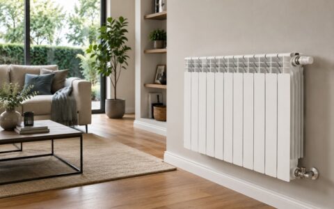 Radiador conectado a un sistema de aerotermia para calefacción eficiente en una vivienda moderna
