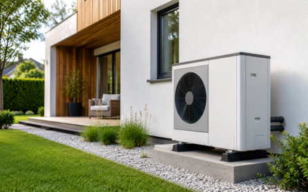 Unidad exterior de aerotermia instalada en una vivienda moderna para climatización y agua caliente eficiente